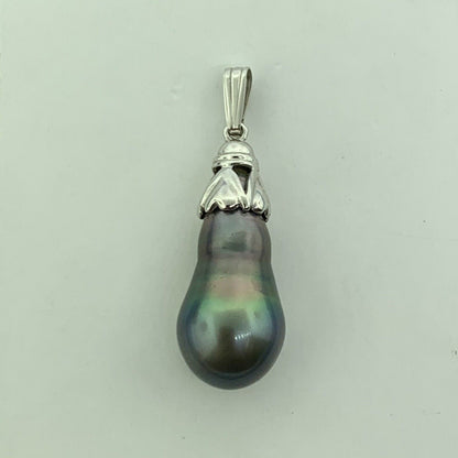 14K White Gold Peacock Baroque Pearl Solitaire Statement Drop Pendant