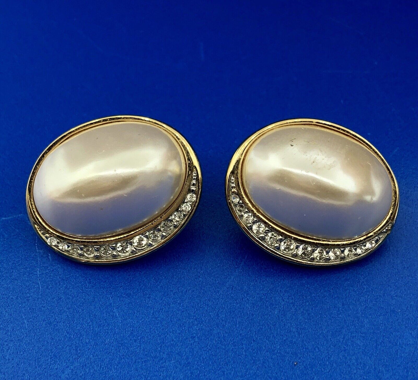 Vintage Richelieu Gold Tone Mabe Pearl Rhinestone Statement Stud Earrings