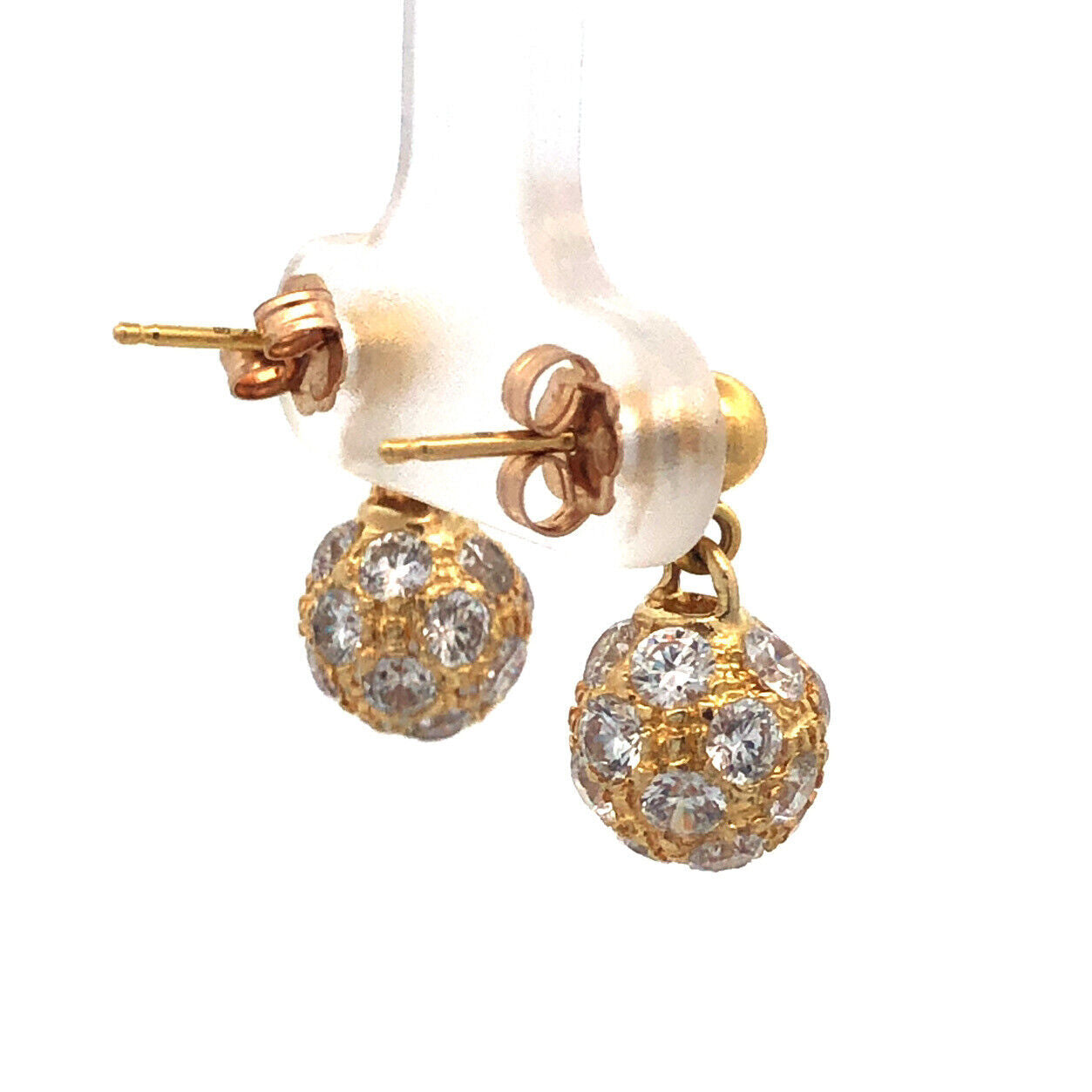 14K Yellow Gold Cubic Zirconia CZ Disco Ball Statement Drop Dangle Earrings