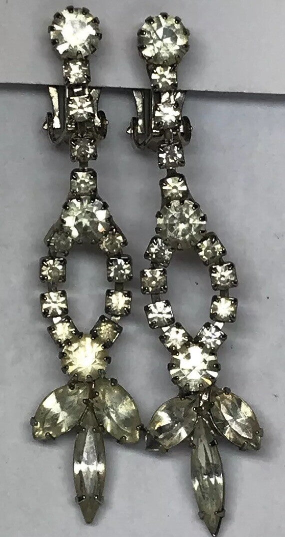Vintage Art Deco Crystal Rhinestone Chandelier Statement Dangle Clip On Earrings