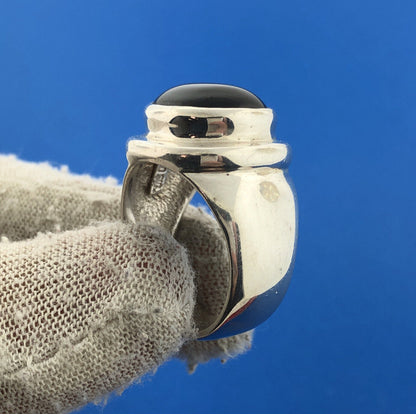 ESPO 925 Sterling Silver Oval Black Onyx Cabochon Statement Unisex Dome Ring