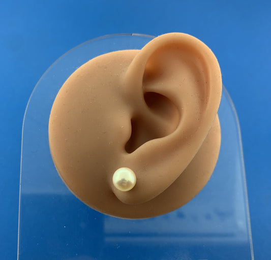 Chic Designer 14K Yellow Gold 7 mm Pearl Bridal June Anniversary Stud Earrings