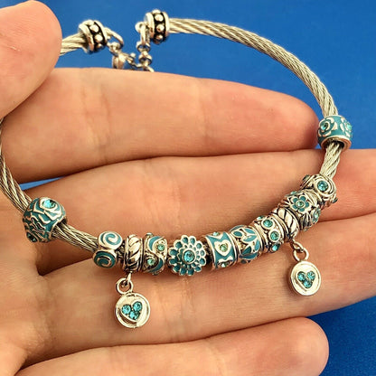 Aqua CZ Enamel Twisted Wire 10 Charm My Granddaughter My Love Charm Bracelet