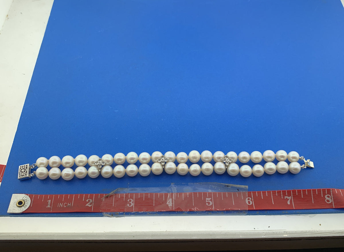 Sterling Silver 925 Pearl White Topaz Accented Double Strand Bracelet