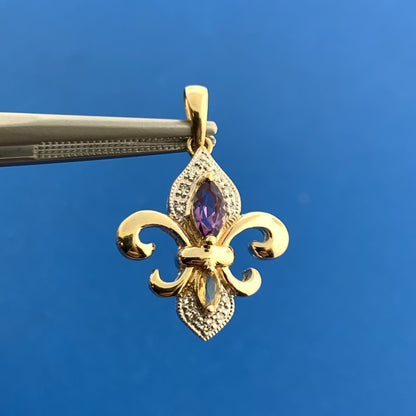 Designer 10K Yellow White Gold Amethyst Citrine Diamond Fleur De Lis Pendant