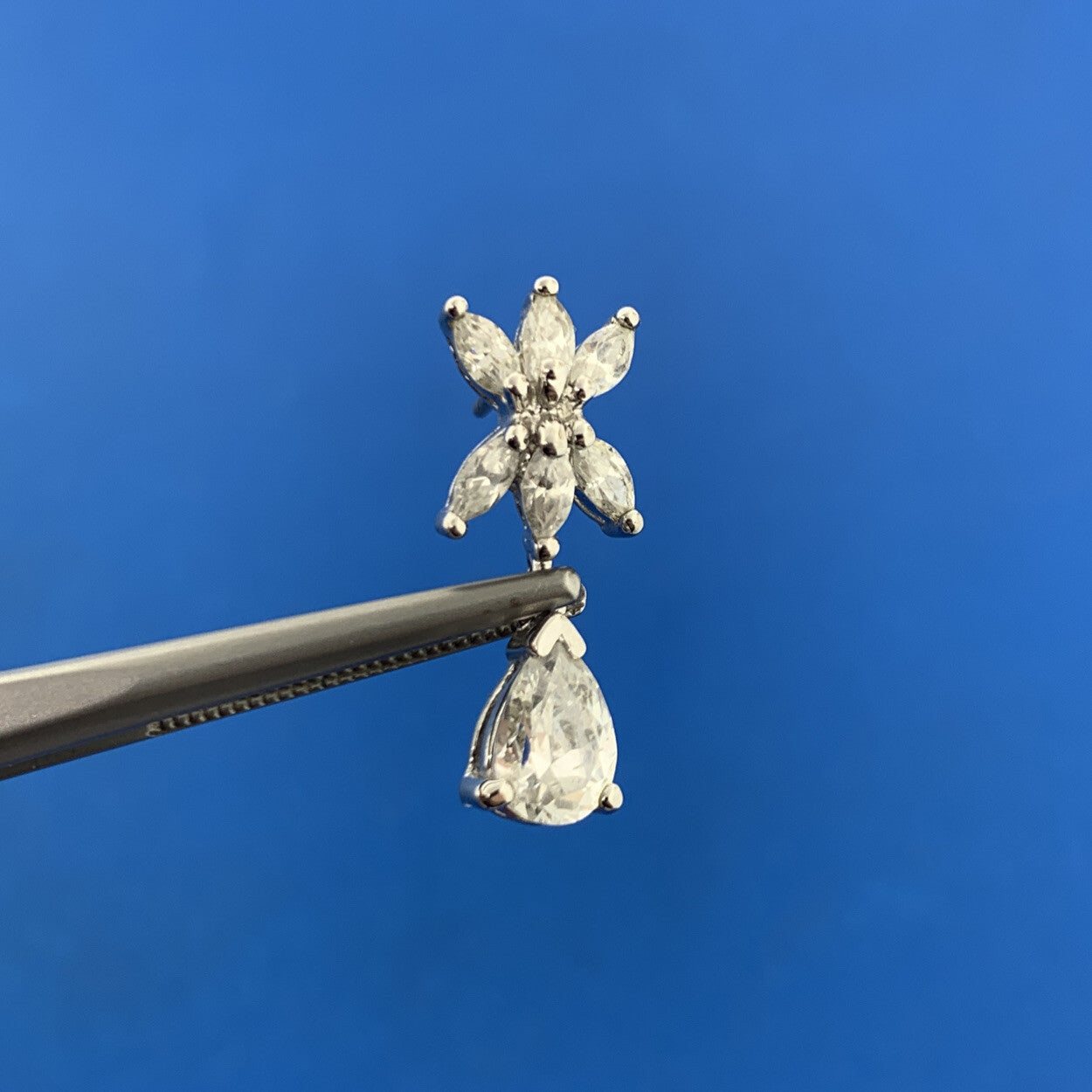 Designer 925 Sterling Silver Cubic Zirconia Flower Cluster Drop Dangle Earrings