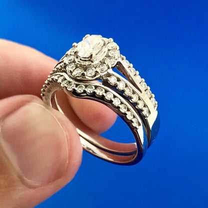 Stunning 14K White Gold Oval Diamond Halo Two Piece Engagement Bridal Set