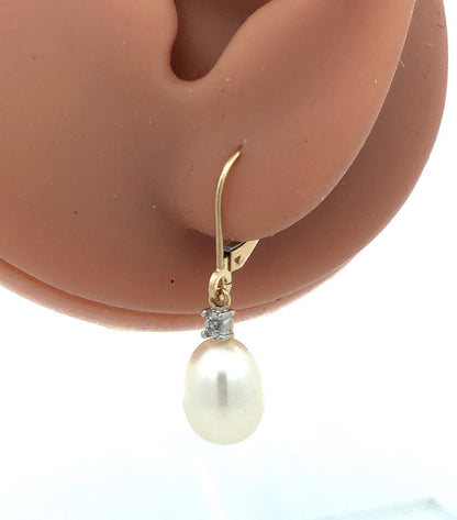 Designer 14K Yellow Gold Diamond Accent Pearl Dangle Lever Back Earrings