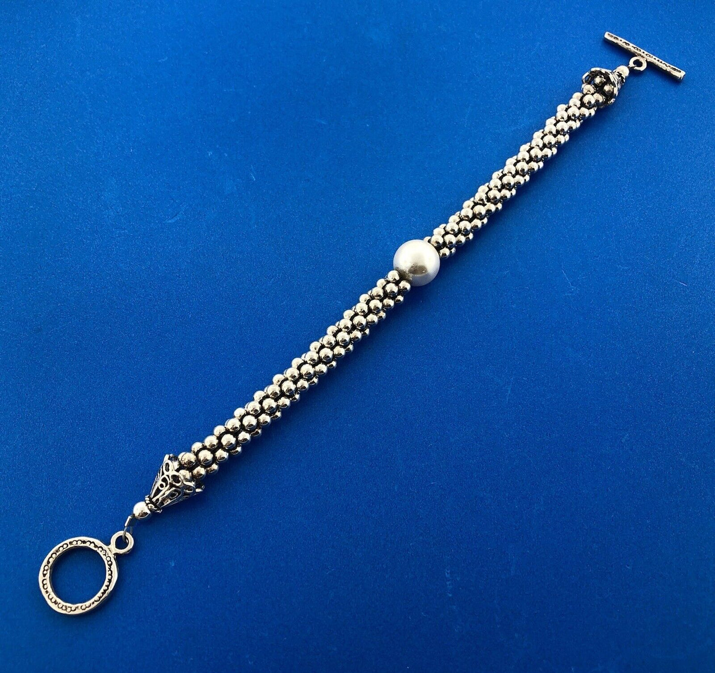 Elegant 925 Sterling Silver Pearl Solitaire Ball Bead Snake Toggle Bracelet