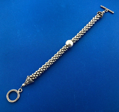 Elegant 925 Sterling Silver Pearl Solitaire Ball Bead Snake Toggle Bracelet