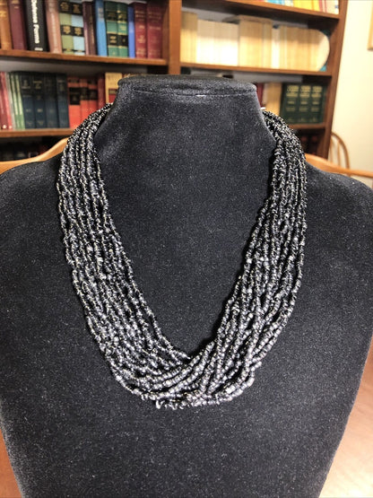 Mid Century Japan Silver Tone Jet Seed Bead Multi Strand Statement Necklace