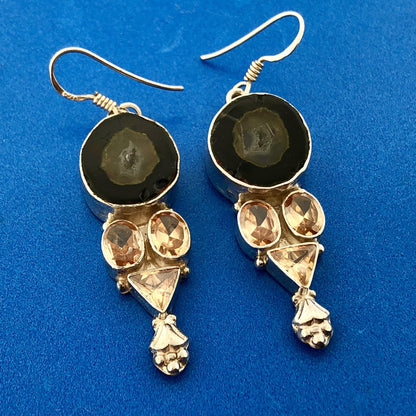 Sterling Silver 925 Orange Quartz Topaz Druzy Geode Statement Dangle Earrings