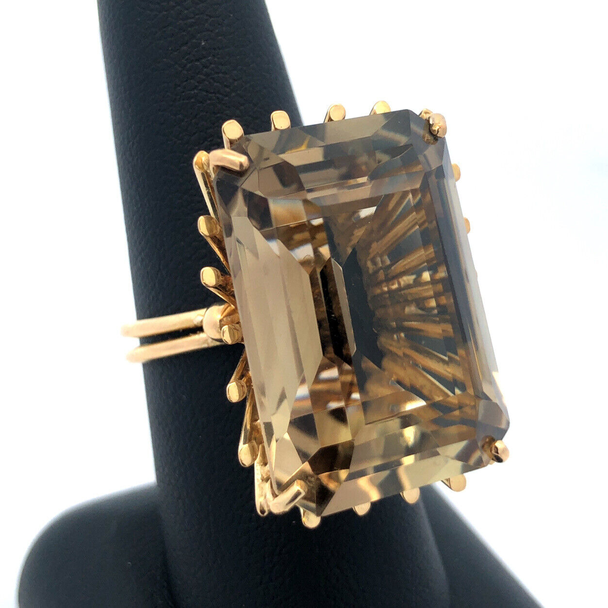 Retro 18K Yellow Gold Emerald Cut Smoky Topaz Statement Cocktail Finger Ring