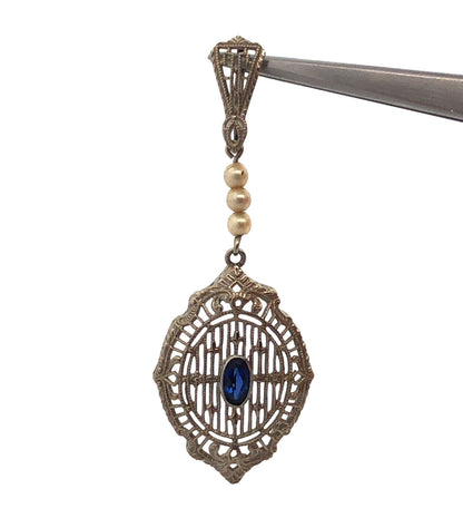 Vintage 14K White Gold Oval Blue Sapphire Seed Pearl Filigree Statement Pendant