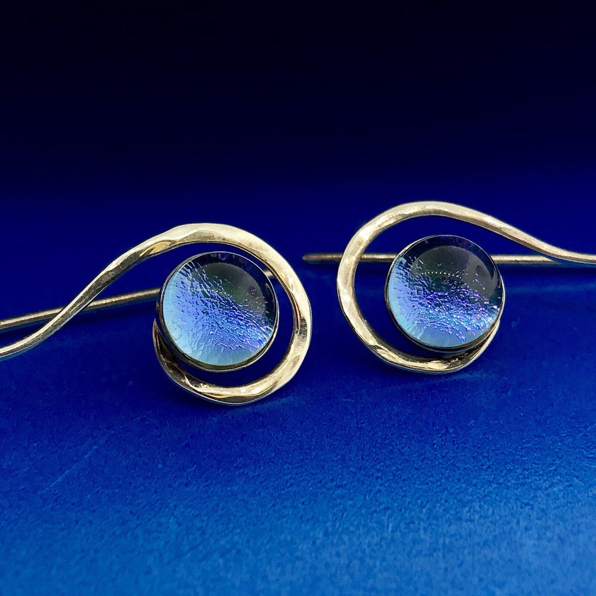 Artisan Sterling Silver 925 Azure Plastic Cabochon Modernist Slide Earrings