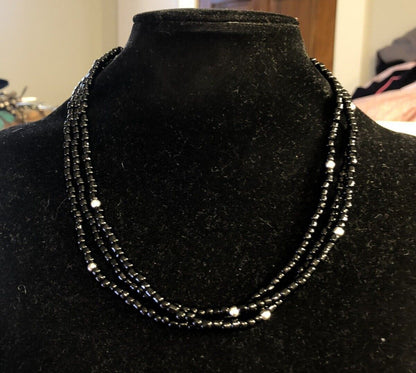 Silpada 925 Sterling Silver Black Onyx Beaded Three Strand Layered Necklace