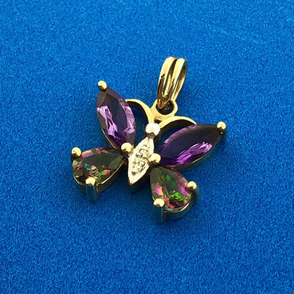 10k Yellow Gold Marquise Amethyst Pear Mystic Topaz Butterfly Dangle Pendant