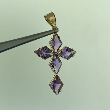 Designer Mexico 14K Yellow Gold Amethyst Religious Communion Cross Pendant