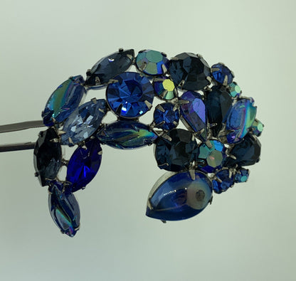 Mid Century Silver Tone Blue Aurora Borealis Rhinestone Brooch & Earrings Set