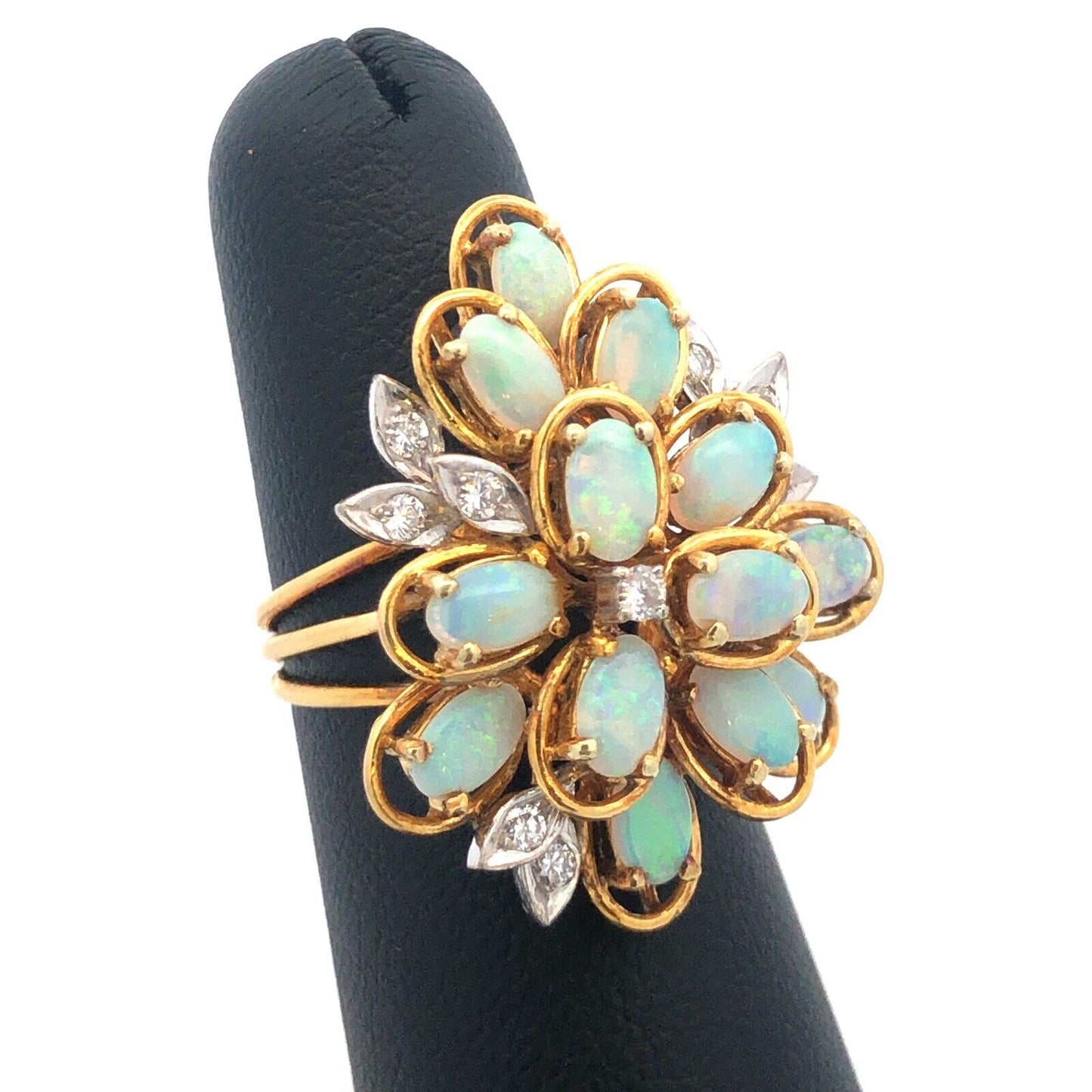 Lovely 14k Yellow Gold Opal Diamond Accent Floral Cluster Freeform Ring