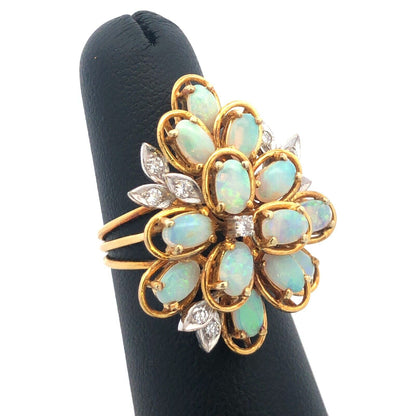 Lovely 14k Yellow Gold Opal Diamond Accent Floral Cluster Freeform Ring