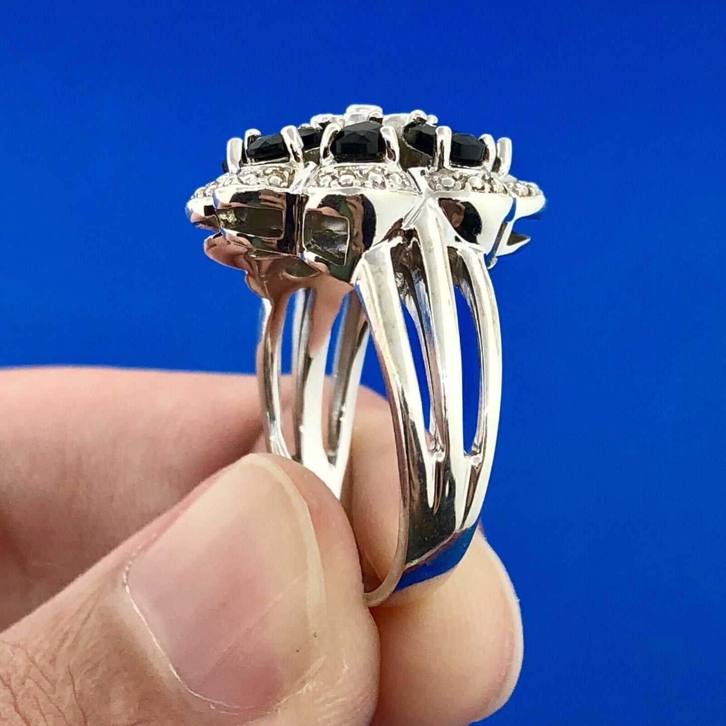 Designer AJ Sterling Silver Sapphire Diamond Floral Cluster September Anniv Ring