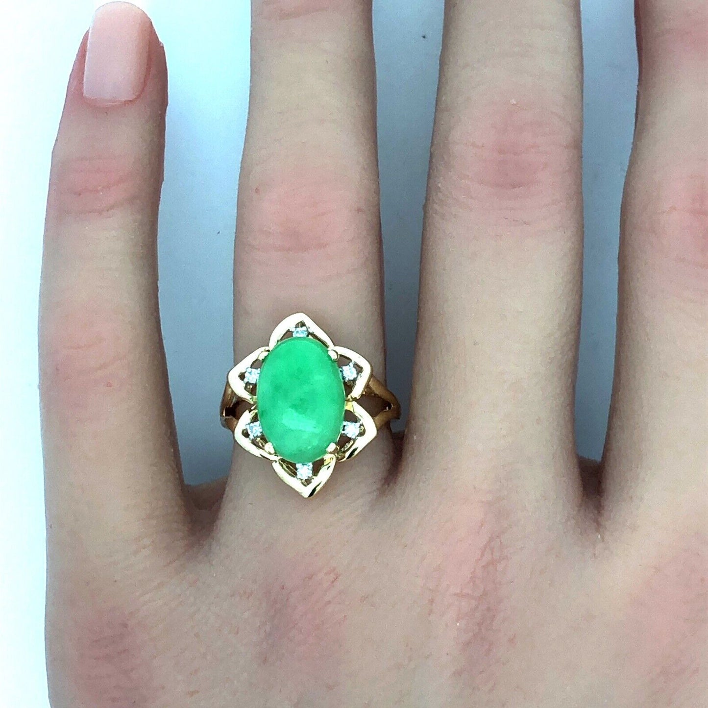 Designer 14K Yellow Gold Oval Jade Cabochon Diamond Accent Cocktail Ring