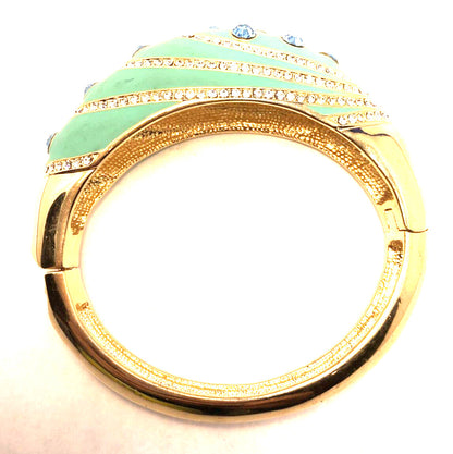 Designer Gold-Tone Teal Enamel Rhinestone Statement Hinged Cuff Bracelet