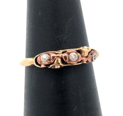 Vintage 14K Yellow Rose Gold Diamond Flower Textured Band Ring