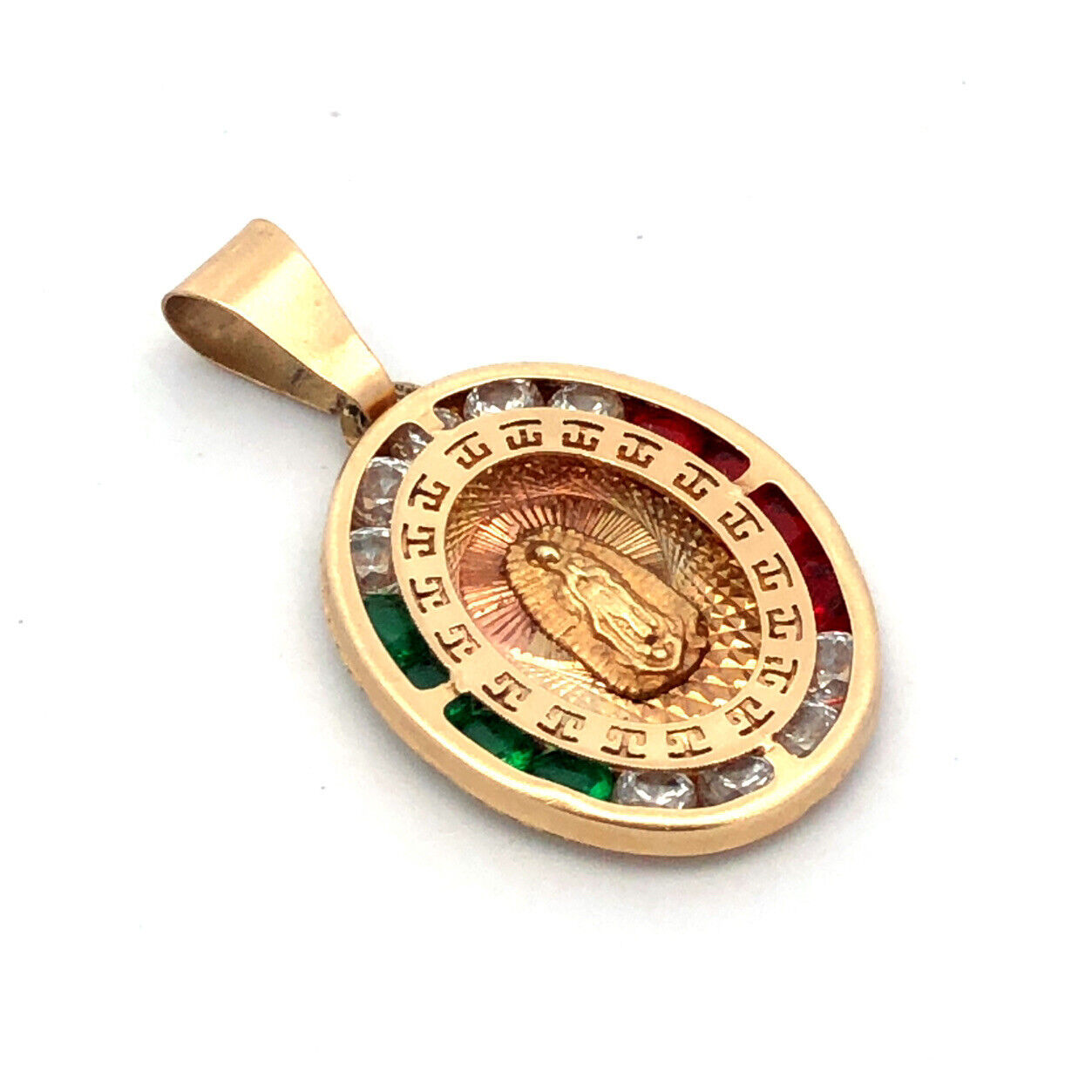 Designer AVI 14K Yellow Gold Round White Red Green CZ Guadeloupe Oval Pendant
