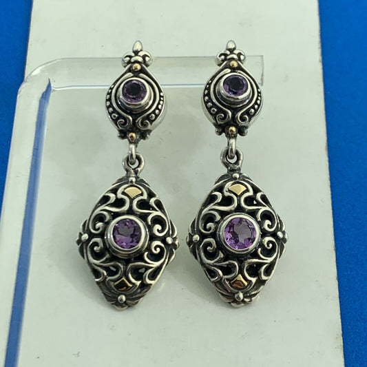 Designer 925 Sterling Silver 18K Yellow Gold Amethyst Drop Dangle Stud Earrings