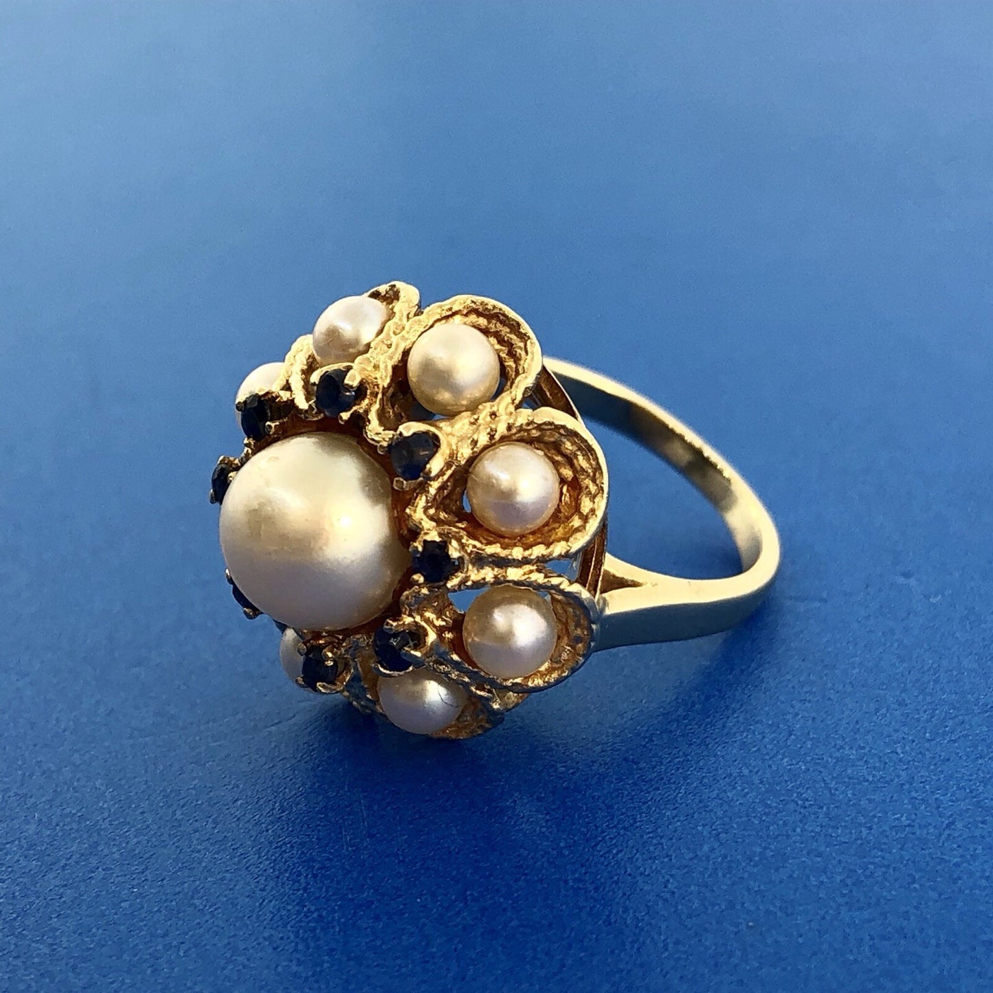 Vintage 14K Yellow Gold Pearl Sapphire Princess Style Cocktail Ring