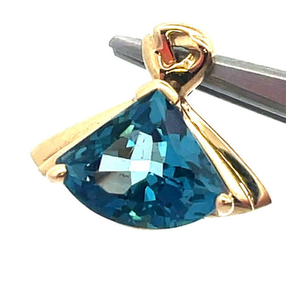Designer 14K Yellow Gold Trillion Cut London Blue Topaz Statement Drop Pendant