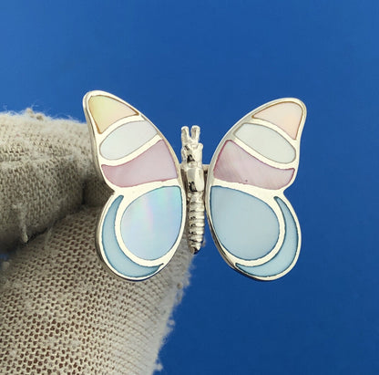 Designer Lee Sands Sterling Silver Pastel Mother of Pearl Inlay Butterfly Ring