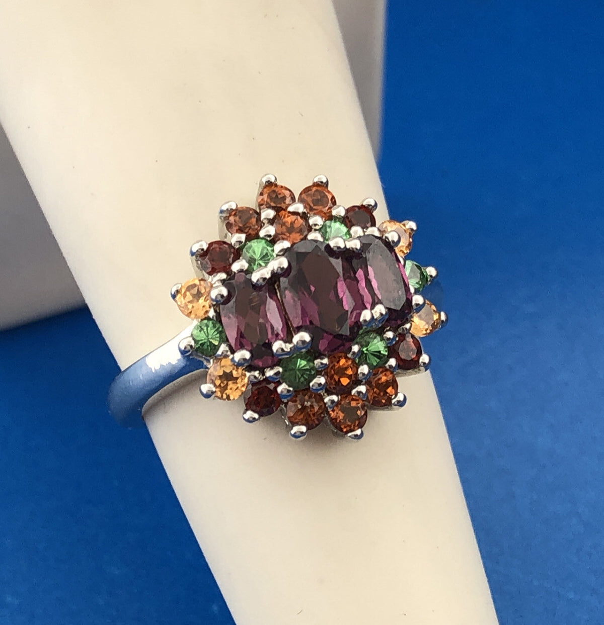 Sterling Silver Pink Tourmaline Peridot Citrine Cluster Cocktail Ring