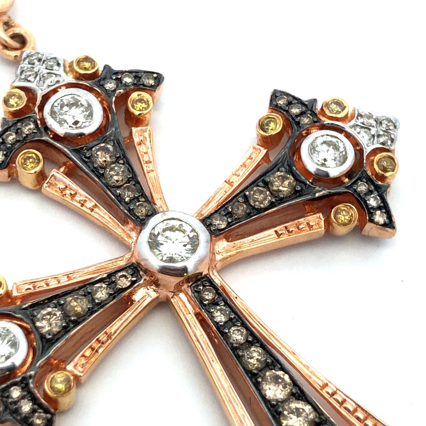 Designer 18K Rose Gold Round White Chocolate Yellow Diamond Large Cross Pendant