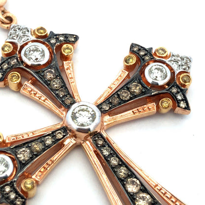 Designer 18K Rose Gold Round White Chocolate Yellow Diamond Large Cross Pendant