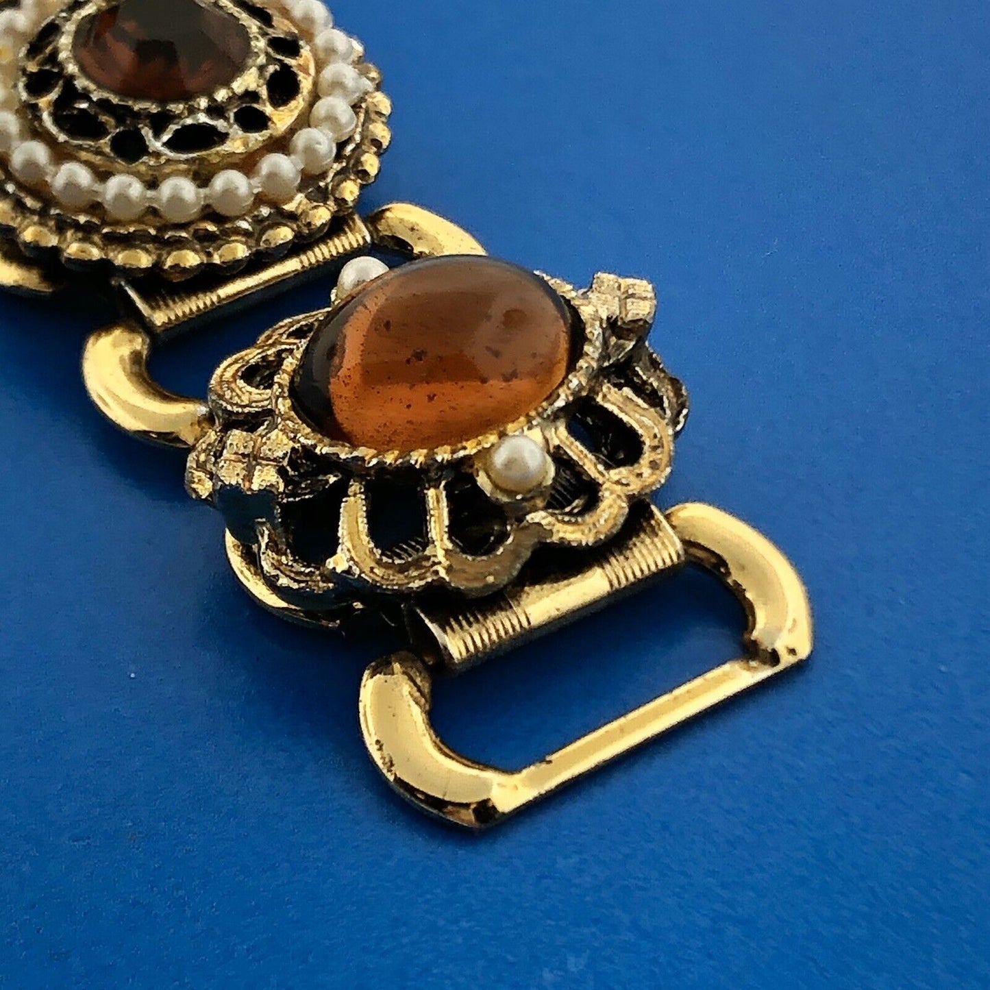 Vintage Gold Tone Seed Pearl Amber Glass Black Enamel Statement Panel Bracelet