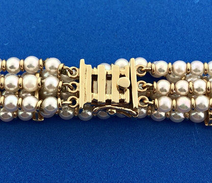Vintage 14K Yellow Gold Cultured Pearl 3 Strand Bridal June Anniversary Bracelet