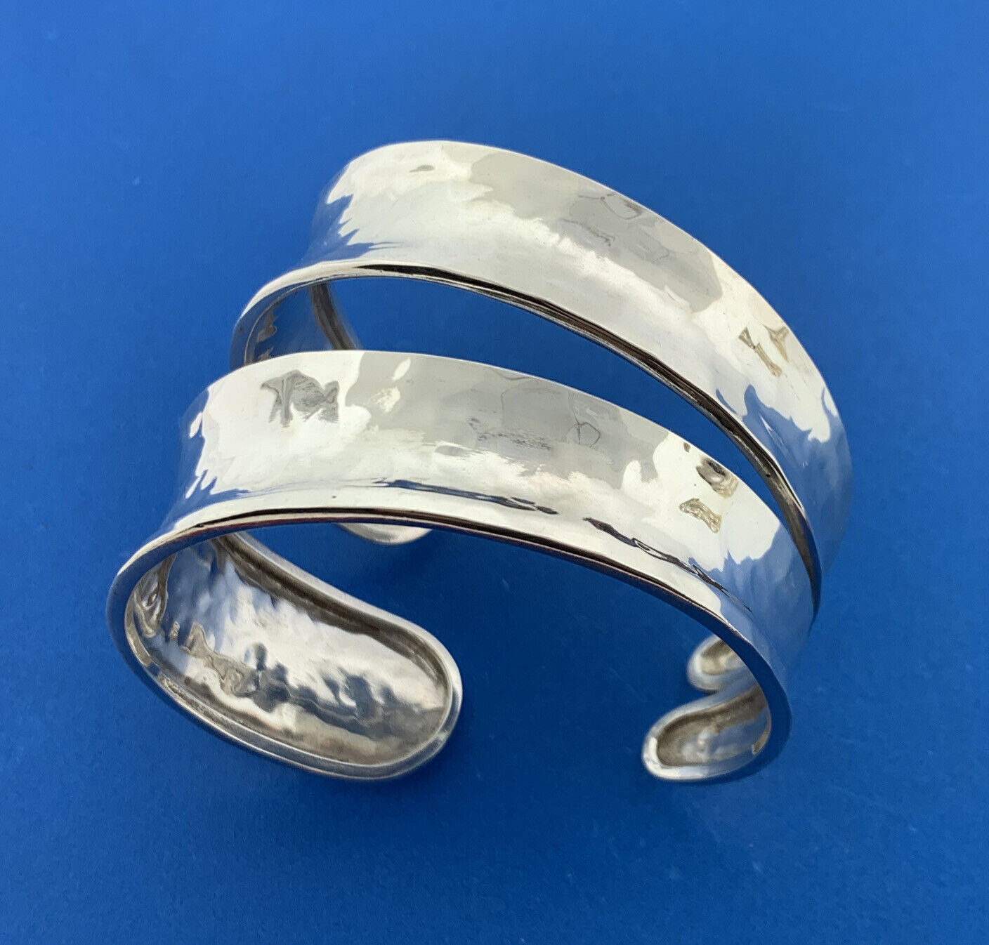 Modernist Artisan Sterling Silver Hammered Wave Double Cuff Statement Bracelet