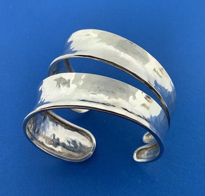 Modernist Artisan Sterling Silver Hammered Wave Double Cuff Statement Bracelet