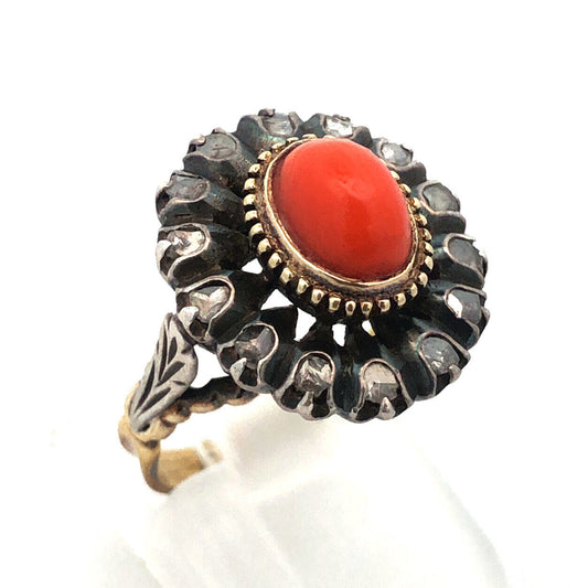 Vintage Sterling Silver 18k Yellow Gold Coral Ring w/ Diamond Halo Size 5.25