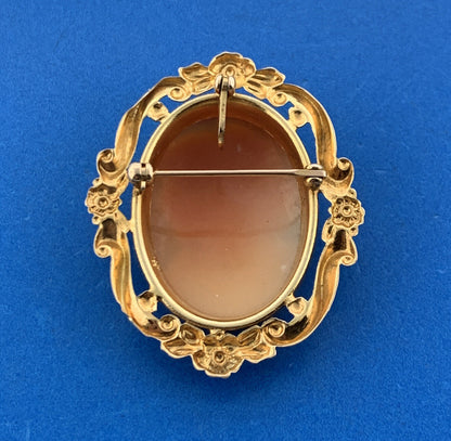 Estate 14K Yellow Gold Carved Cameo Floral Scroll Bezel Pin Brooch Pendant