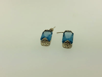 Sterling Silver Rectangle Blue Topaz Bead Scroll Work Statement Drop Earrings