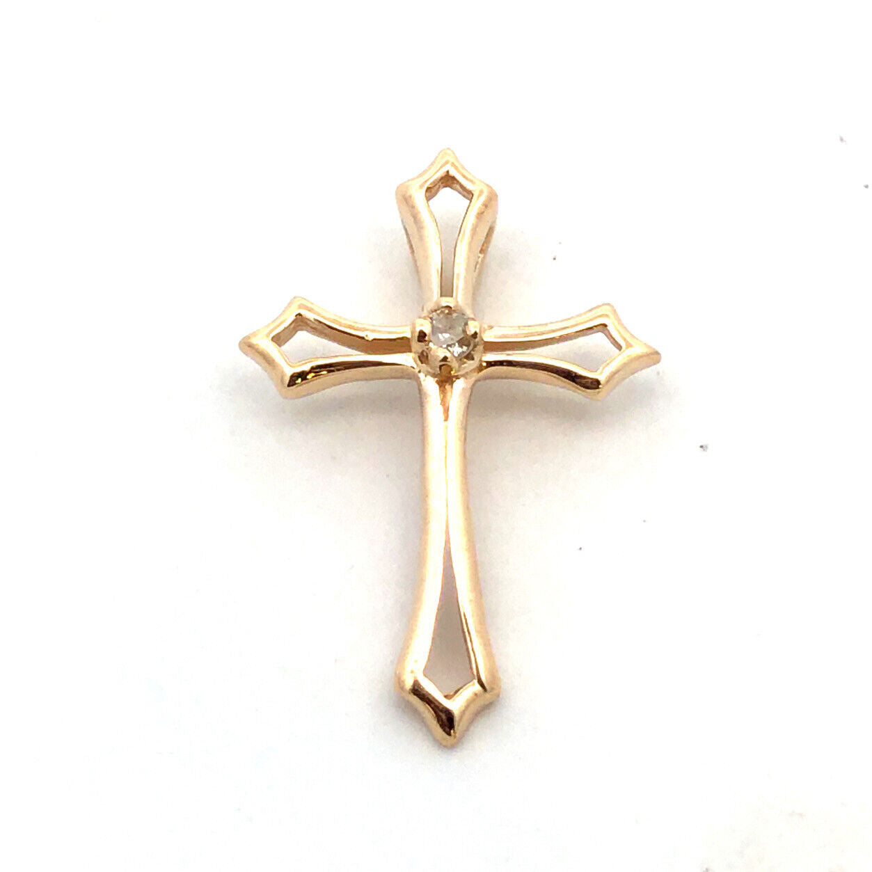 Designer 14K Yellow Gold Round Diamond Catholic Christian Cross Pendant
