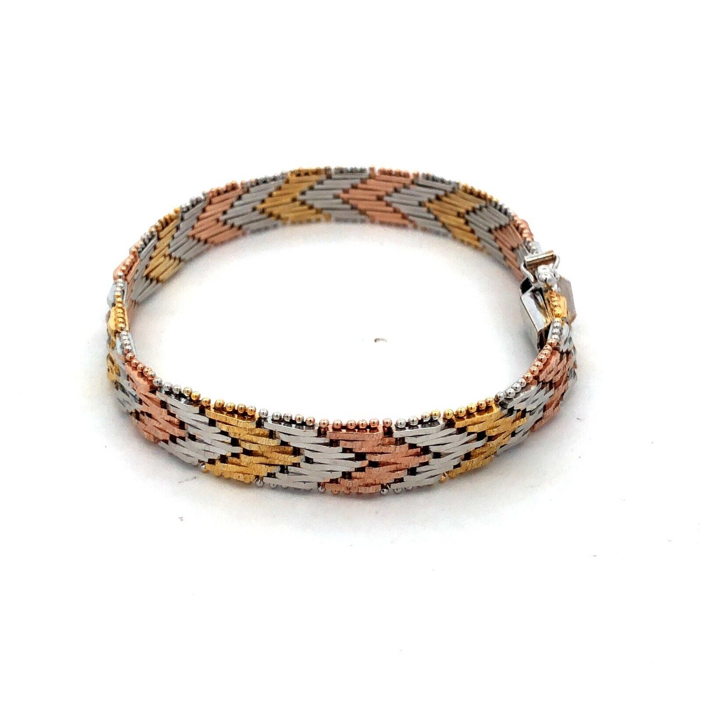 Italy Sterling Silver Gold Rose Gold Vermeil Tri-Color Chevron Chain Bracelet
