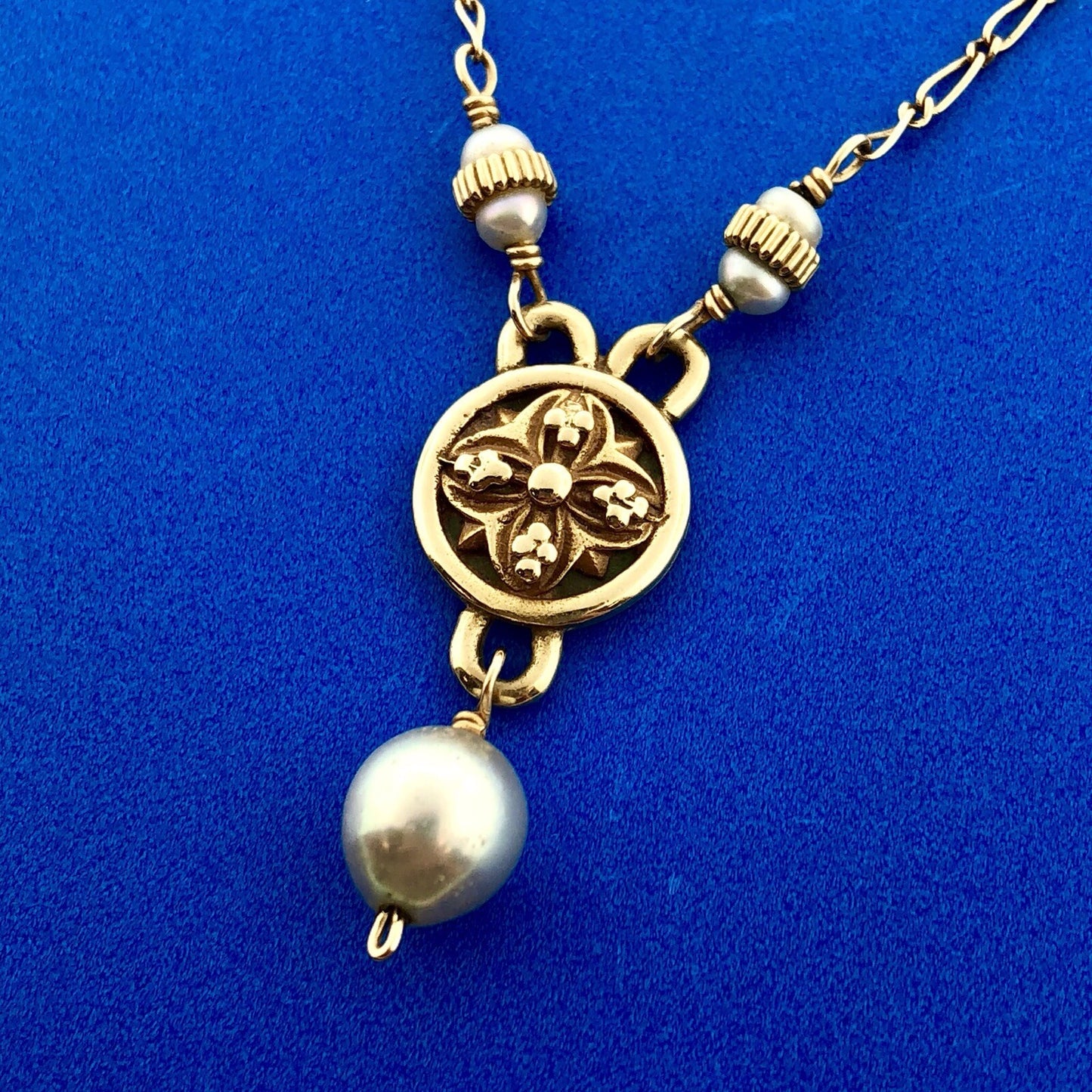 Mignon Faget 14K Yellow Gold Small Medallion Baroque Pearl Drop Toggle Necklace