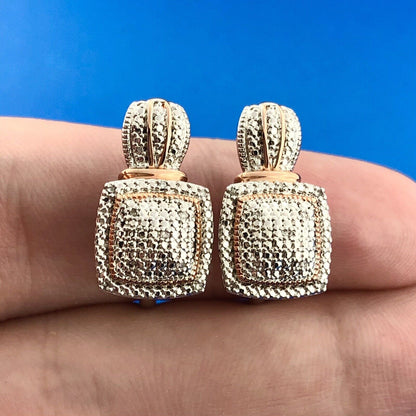 Designer SUN Silver Rose Toned Accent Pave Diamond Lever Back Earrings