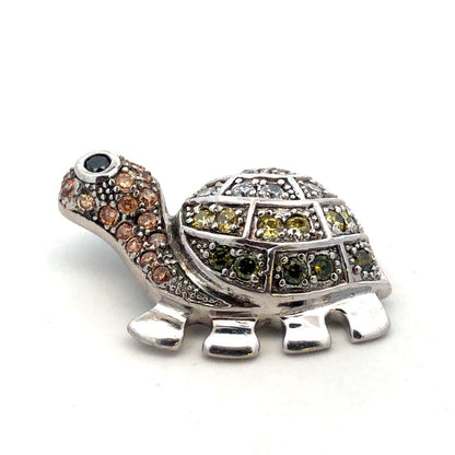 Adorable 925 Sterling Silver Mixed Colored Cubic Zirconia Turtle Pendant