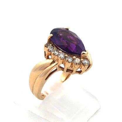 Gorgeous Modern 14k Yellow Gold Pear Cut Amethyst Diamond Accent Ring Size 5.75